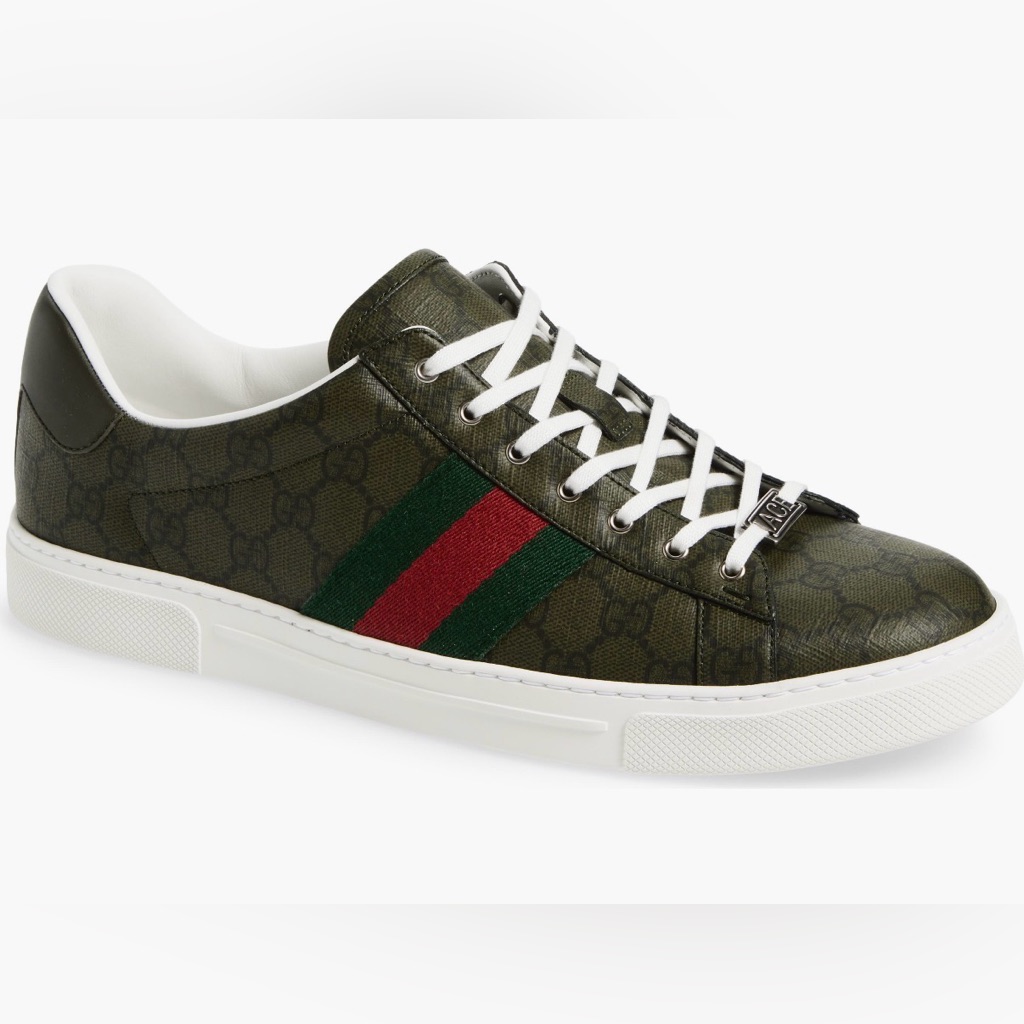 Gucci Ace Low Top Sneaker Shoes New Nib Green Olive Men’s Size 9.5 Uk / 10.5 Us